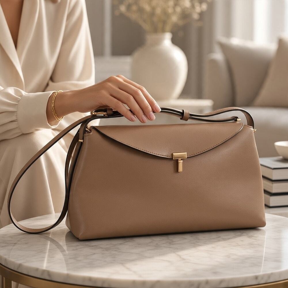 Toteme T-Lock Top Handle Bag Tan Smooth Leather Gold Turn-Lock Made in Italy